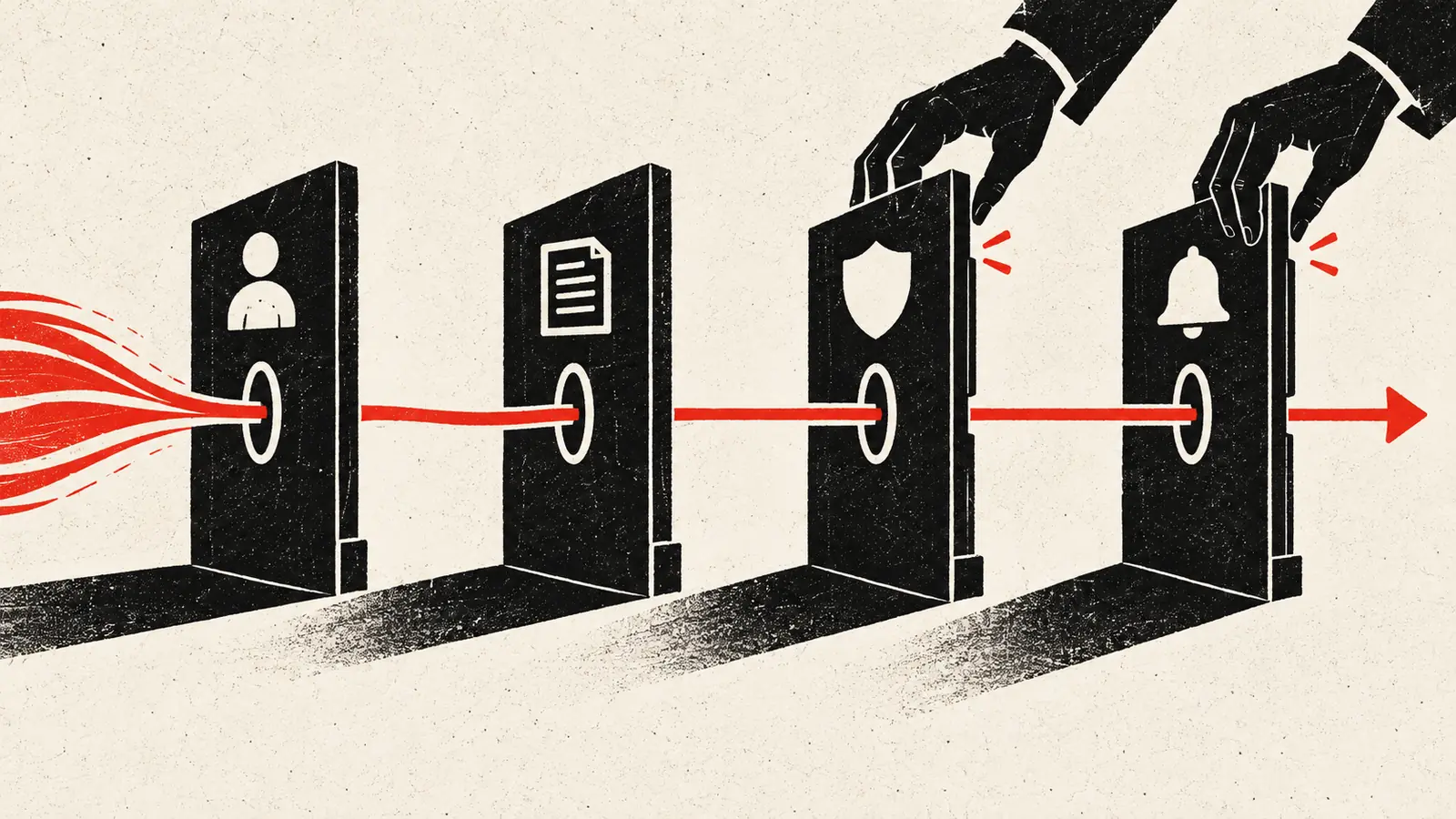 A flat red-and-black print shows one autonomous thread crossing four security gates while human operators close the path.