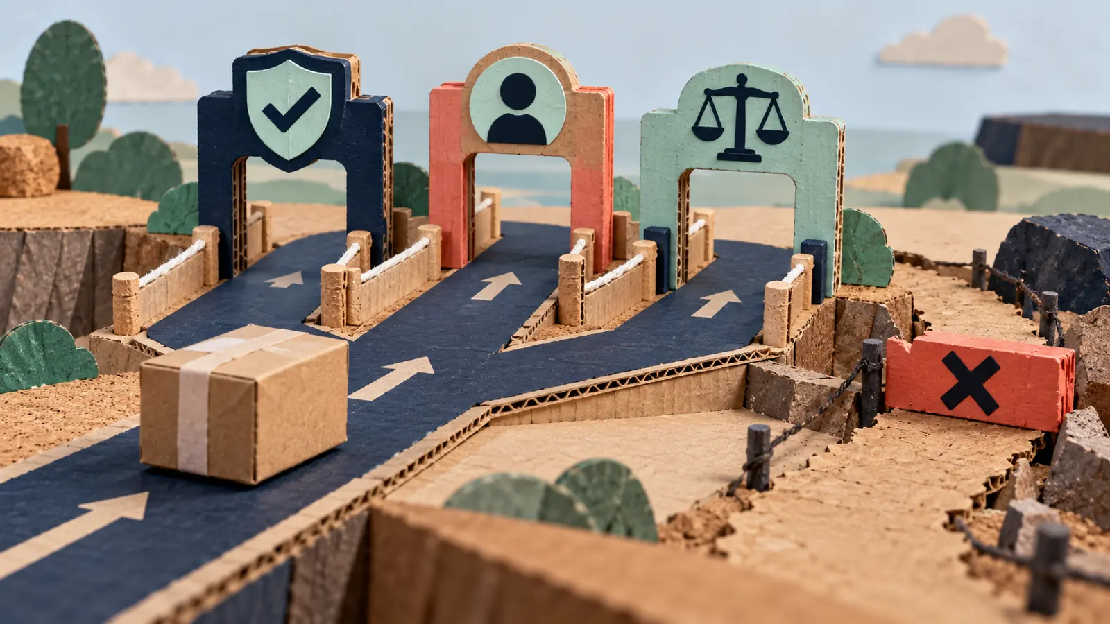A handmade cardboard checkout landscape guides a small parcel towards three protection gates while an unsafe shortcut ends at a removable red stop block.
