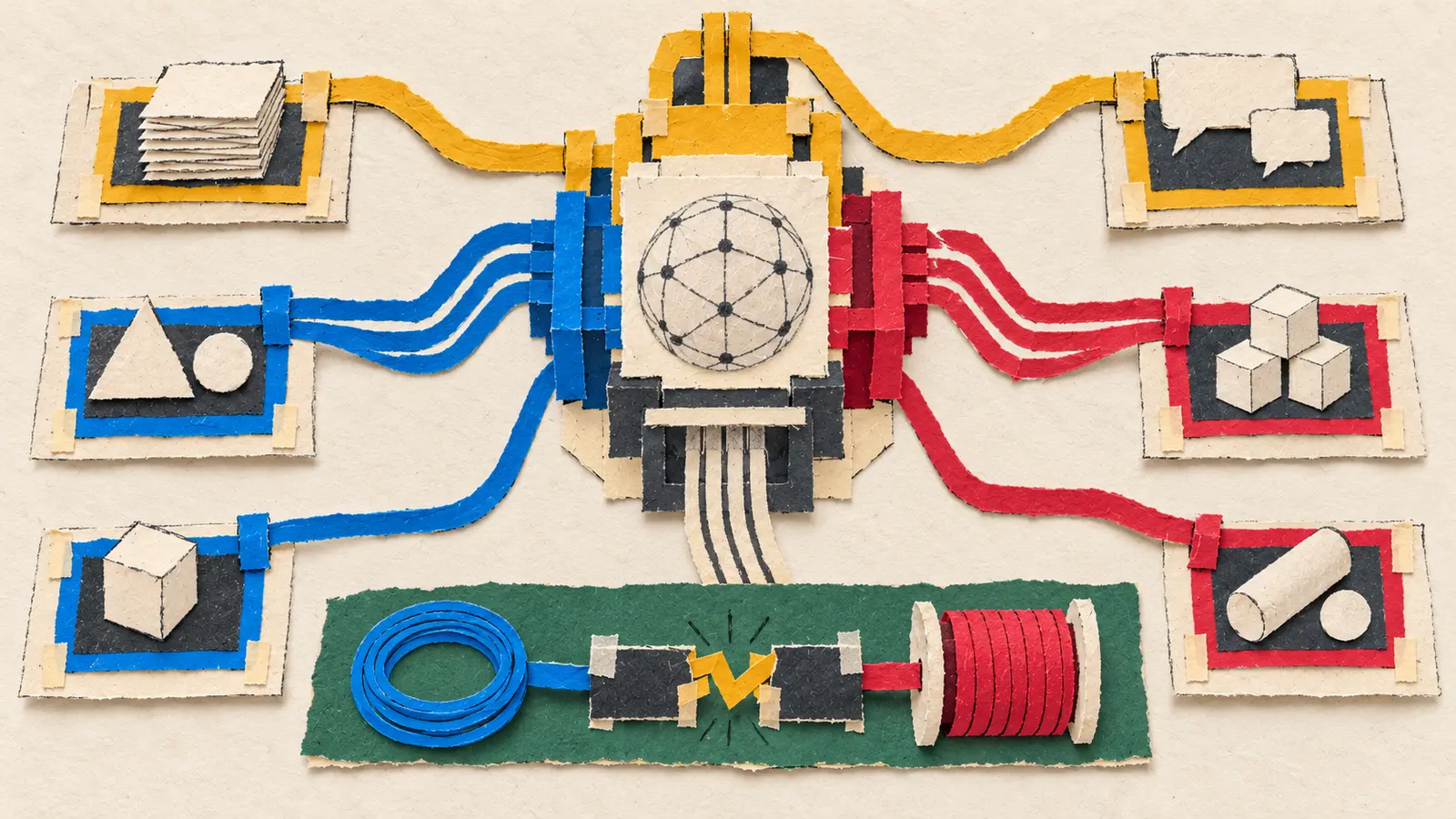 Conceptual AI paper maquette of one model core connected through four colored harness frames to six abstract task stations and three failure cues.