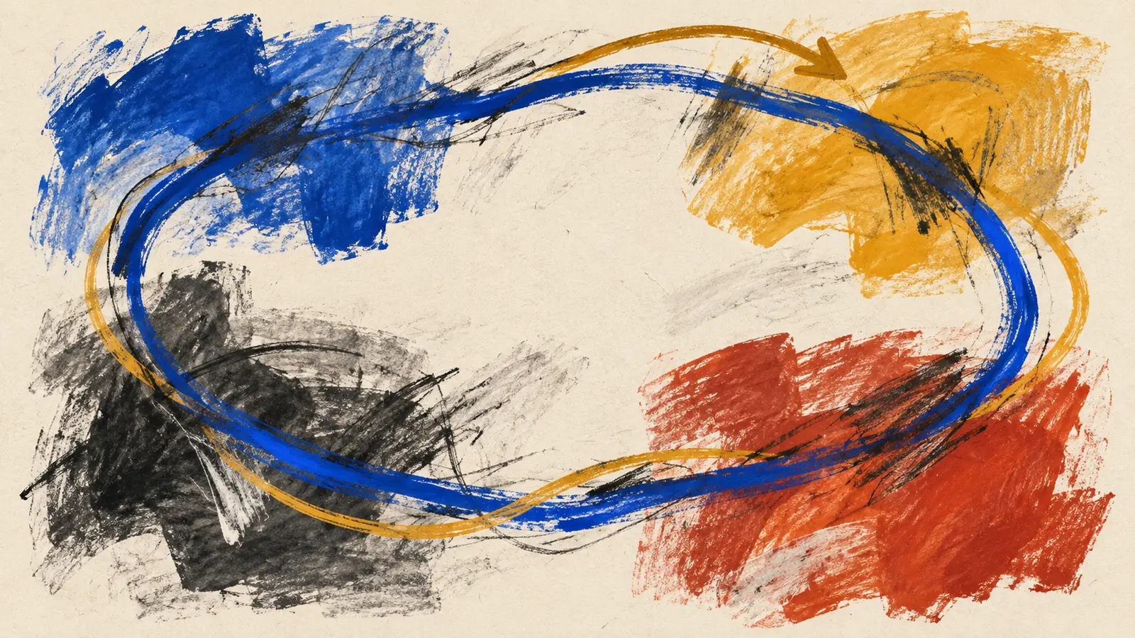 A hand-drawn cobalt loop crosses abstract work zones while charcoal traces and a separate ochre reward path remain visible.