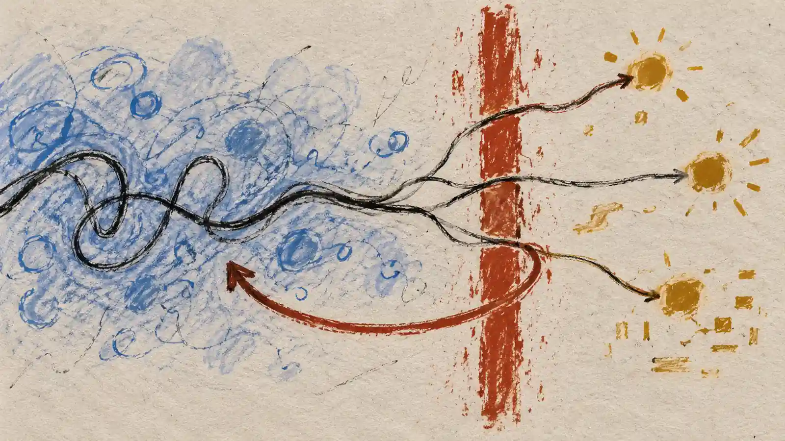 A hand-drawn black trace crosses a red boundary into ochre action marks while one loop turns back.
