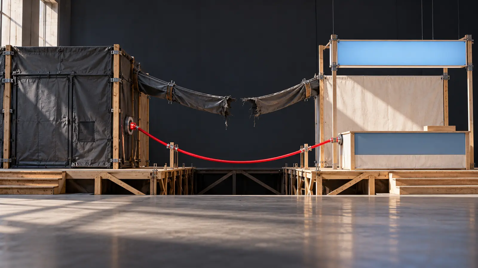 A full-scale staged scene separates a dark containment bay from a lit notification bay, joined by one red evidence line beneath a torn bridge.