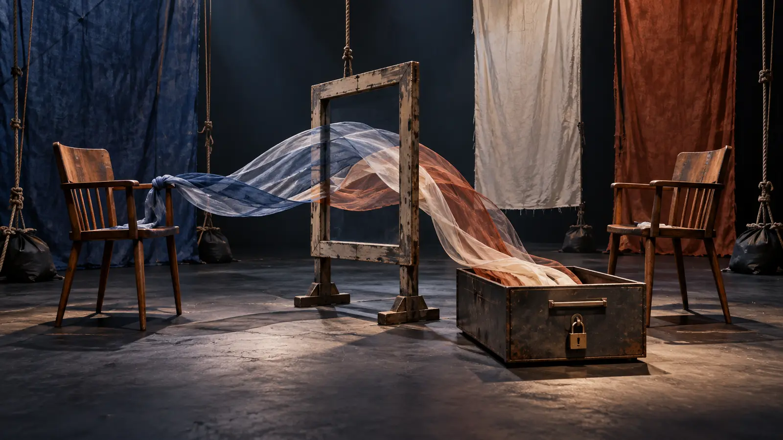 A full-scale theatre installation links two empty interview chairs to a locked archive through a review frame.