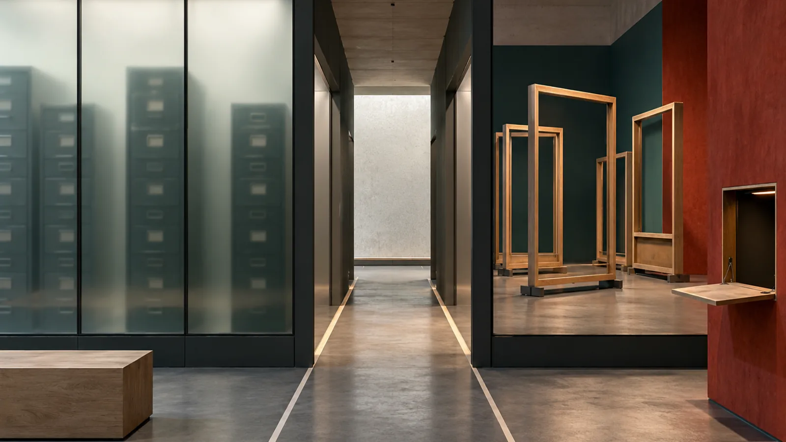 A full-scale conceptual archive has two separated viewing rooms: one holds opaque data drawers, while the other contains removable question frames and an unlocked publication hatch.