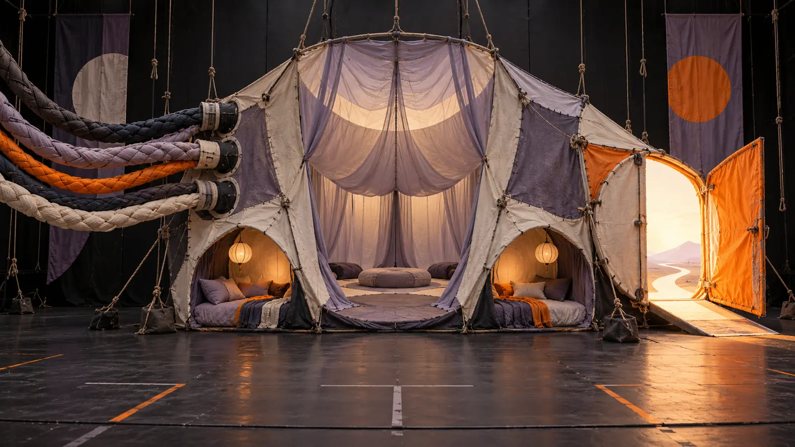 A full-scale fabric listening chamber contains weighted cables, rest alcoves and an open dissent hatch.