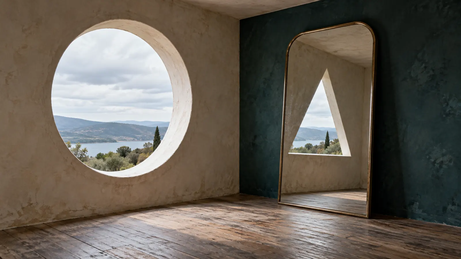Conceptual AI illustration of a full-sized empty room with a circular wall opening shown as triangular in a mirror; an impossible reflection, not a documentary photograph.