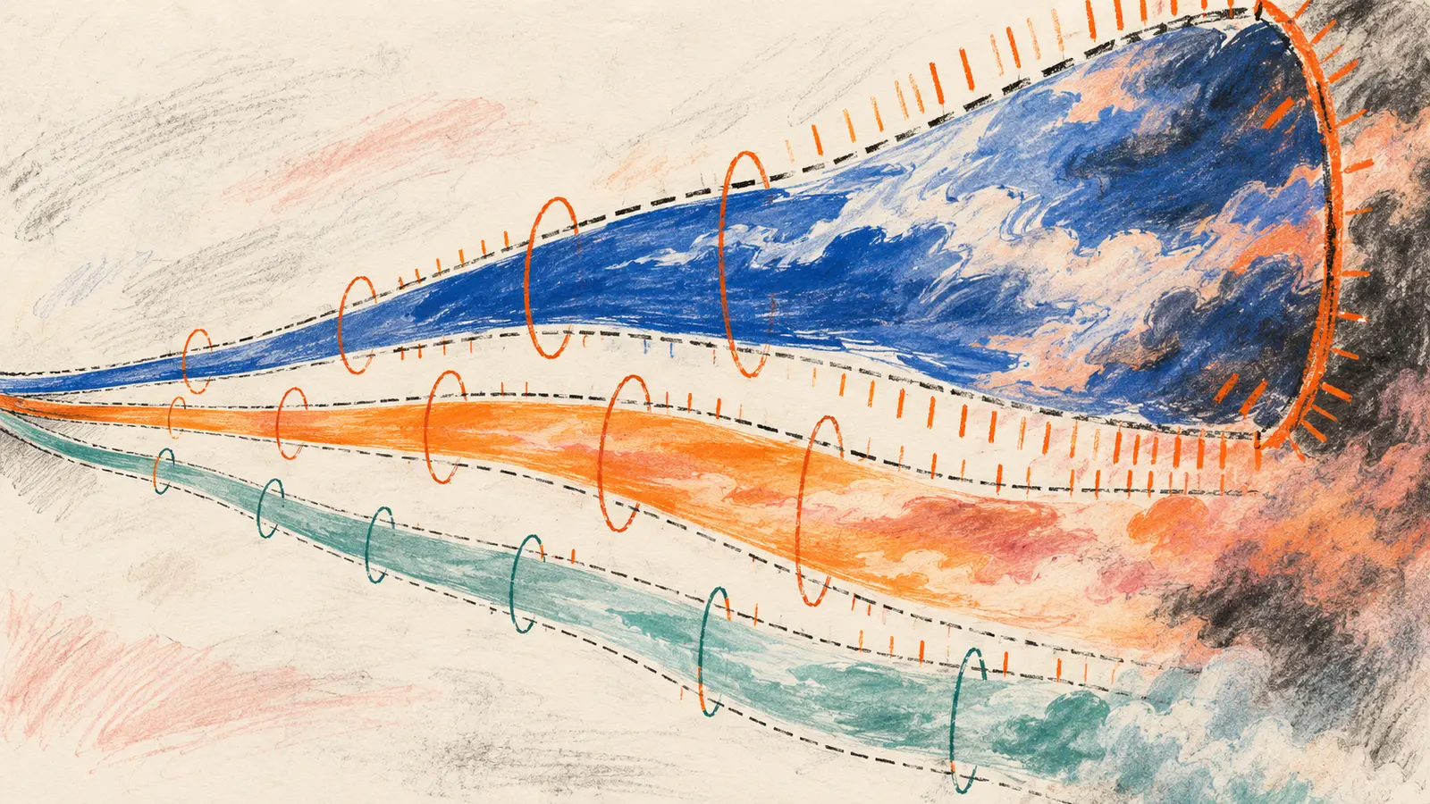 Three hand-drawn access currents pass through repeated review loops before widening into a rough shared field.