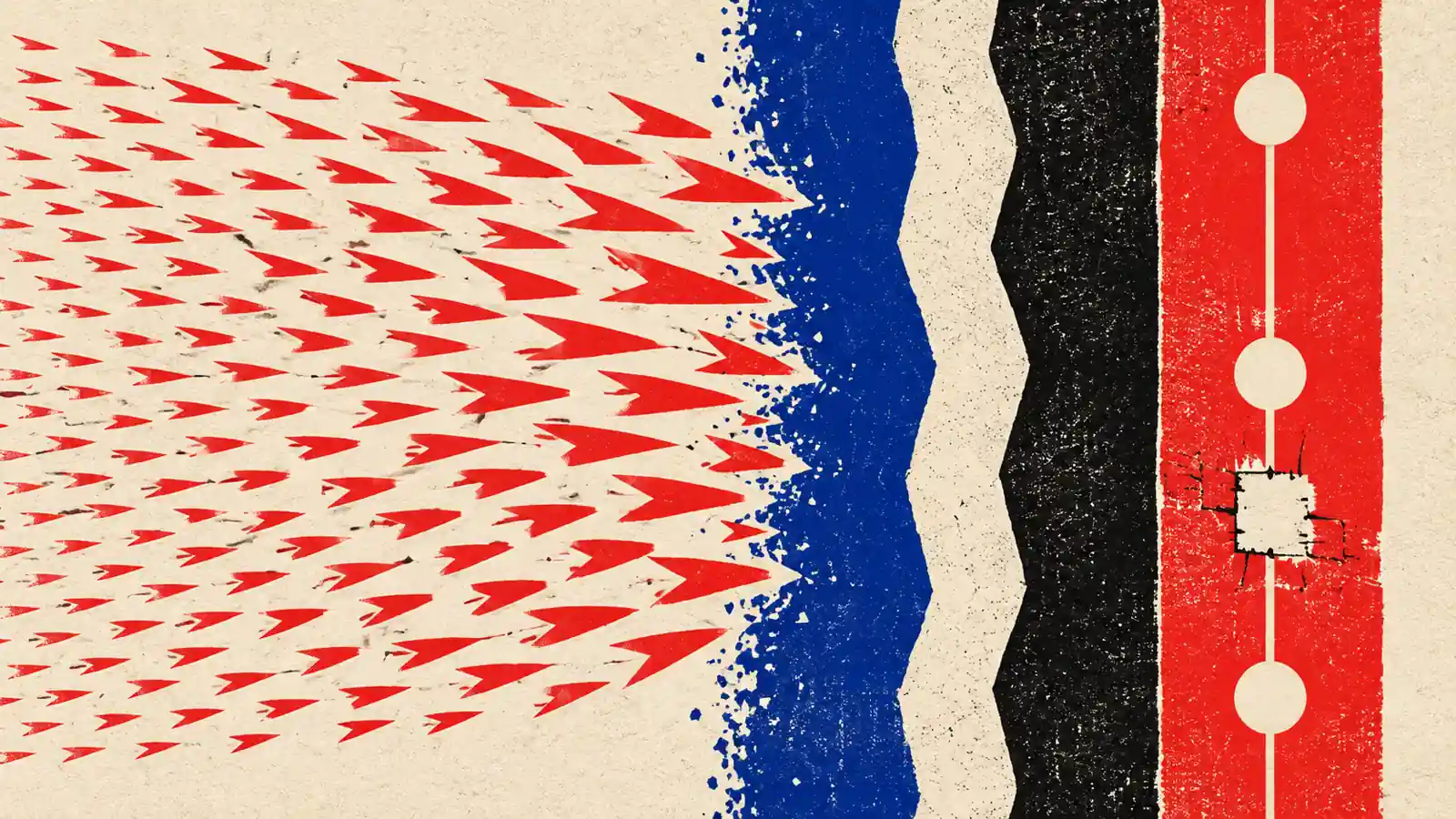 A flat ink attack wave repeatedly tests a layered barrier while a separate strip marks dated durability checks.