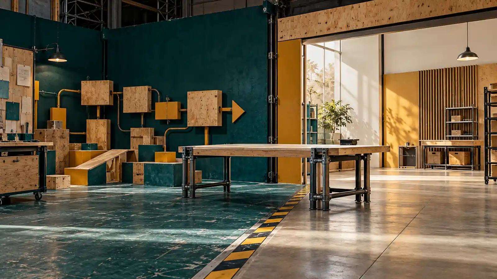 A full-scale training lane moves from a rough simulation bay into a separate workplace handover bay, with an evidence table bridging the two rather than a trophy or badge.