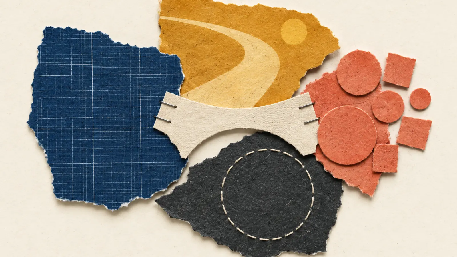 Five torn-paper pieces with ruled, stitched and token textures join into one flat collage for a hybrid engineering and sales role.