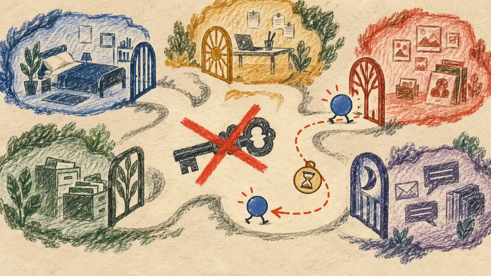 A flat hand-drawn map shows separate data rooms, a crossed-out master key and a task token returning along an expiry cord.