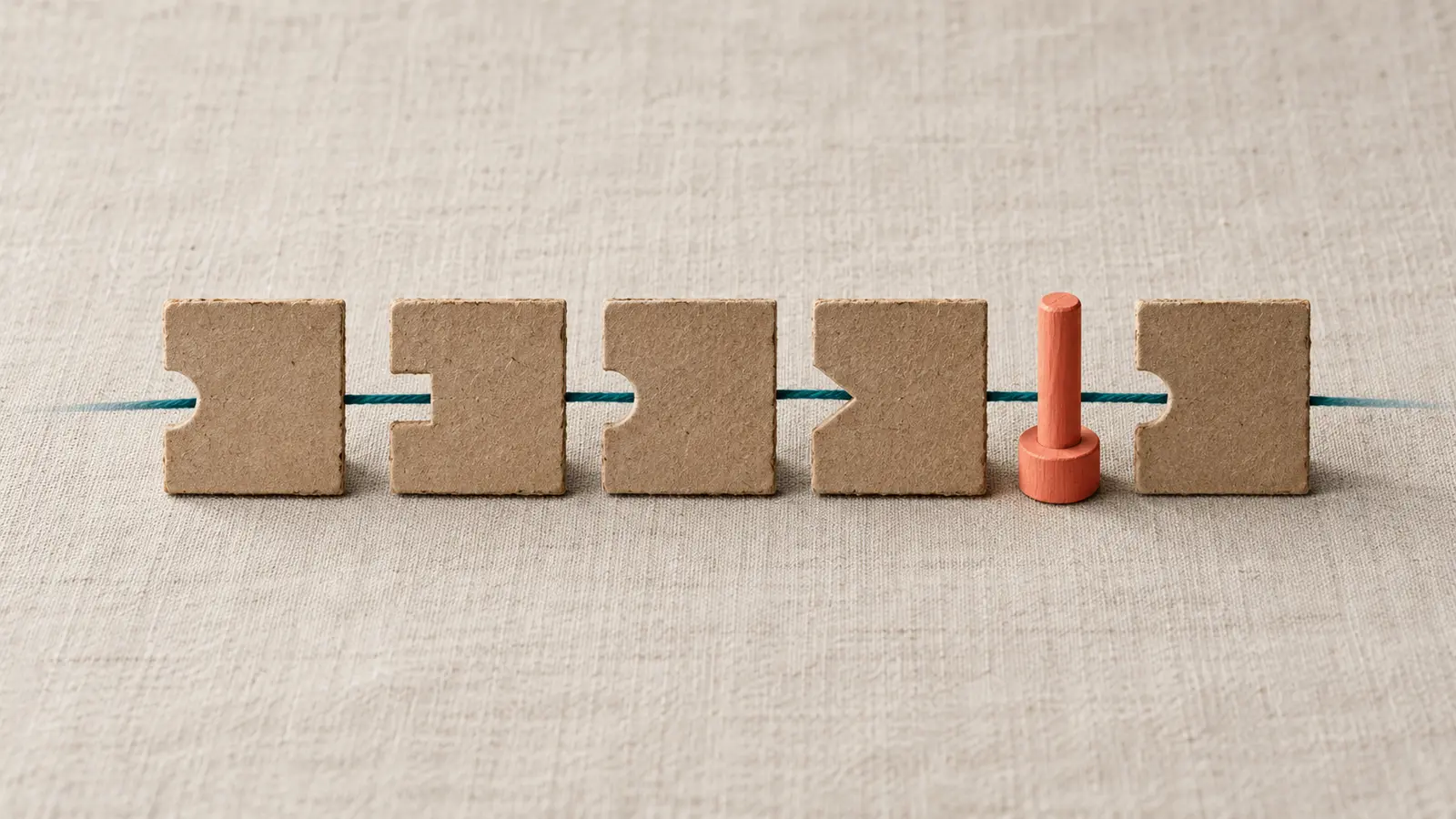 Conceptual AI maquette: five notched cardboard policy tiles share a teal thread while a coral wooden marker identifies one version boundary.