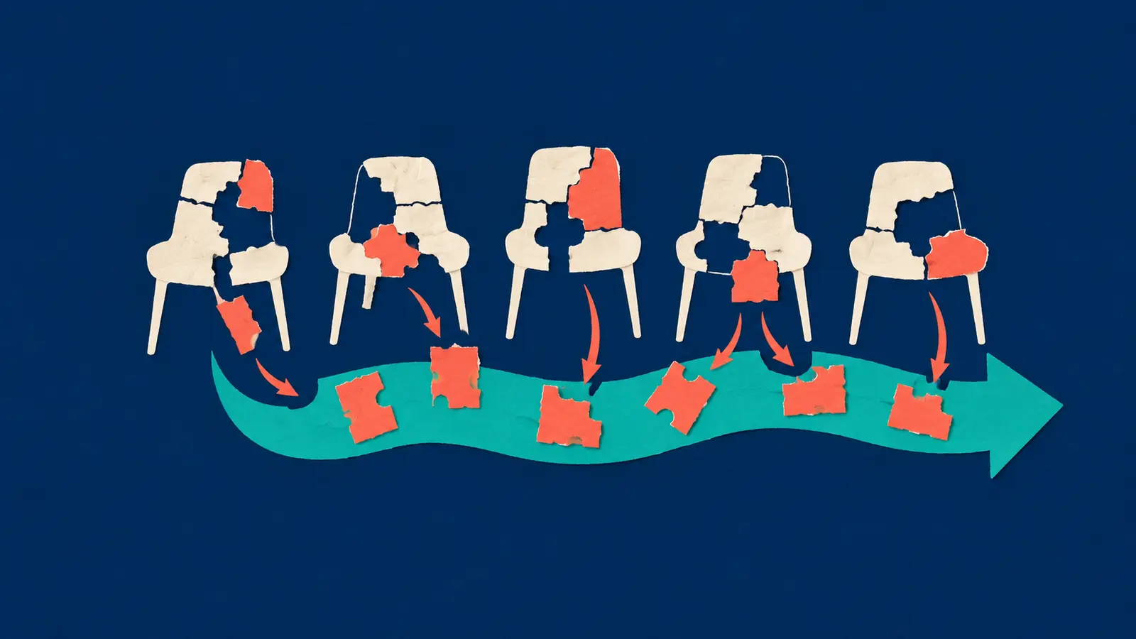 Conceptual flat AI collage: five cream chair silhouettes break into task-shaped pieces, some moving into a teal redeployment lane while gaps remain.