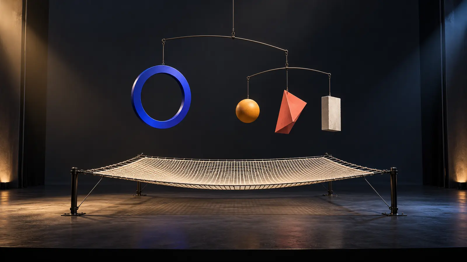 Conceptual staged AI illustration: a large suspended mobile balances a blue ring against three different counterweights above a taut safety net.