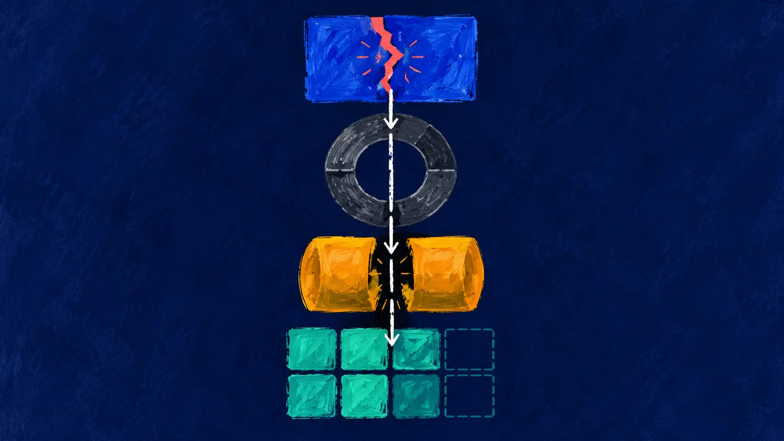Conceptual hand-drawn AI illustration: four vertical stations show a cracked source tile, inspection ring, open release cartridge and partially filled deployment grid.
