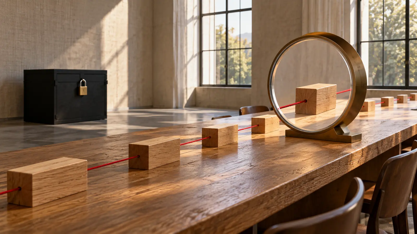A full-size conceptual reading table uses a red thread, magnifying frame and locked box to separate citation verification from confidential material.