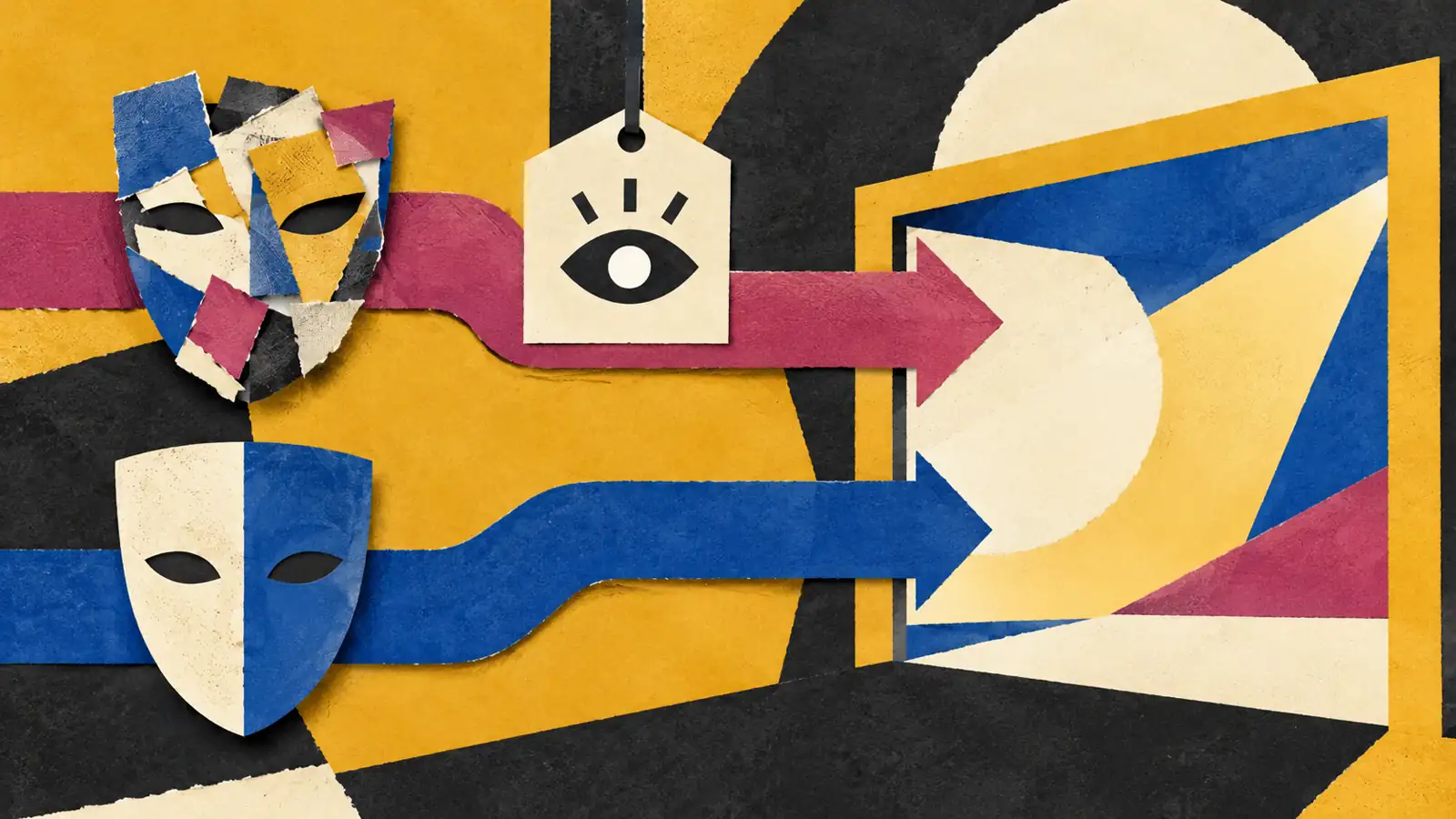 A flat paper collage shows two neutral performer masks moving along separate production paths, with the fragmented mask passing a disclosure marker before an advertising frame.