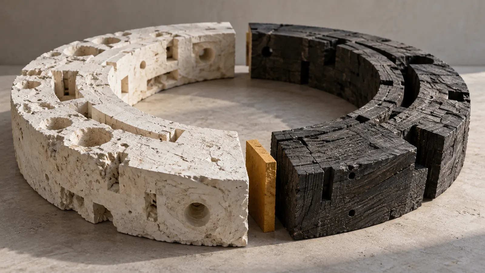 Conceptual AI illustration of an unfinished detector-inspired ring sculpture with unlike rough halves and a separate calibration piece; not real laboratory equipment.