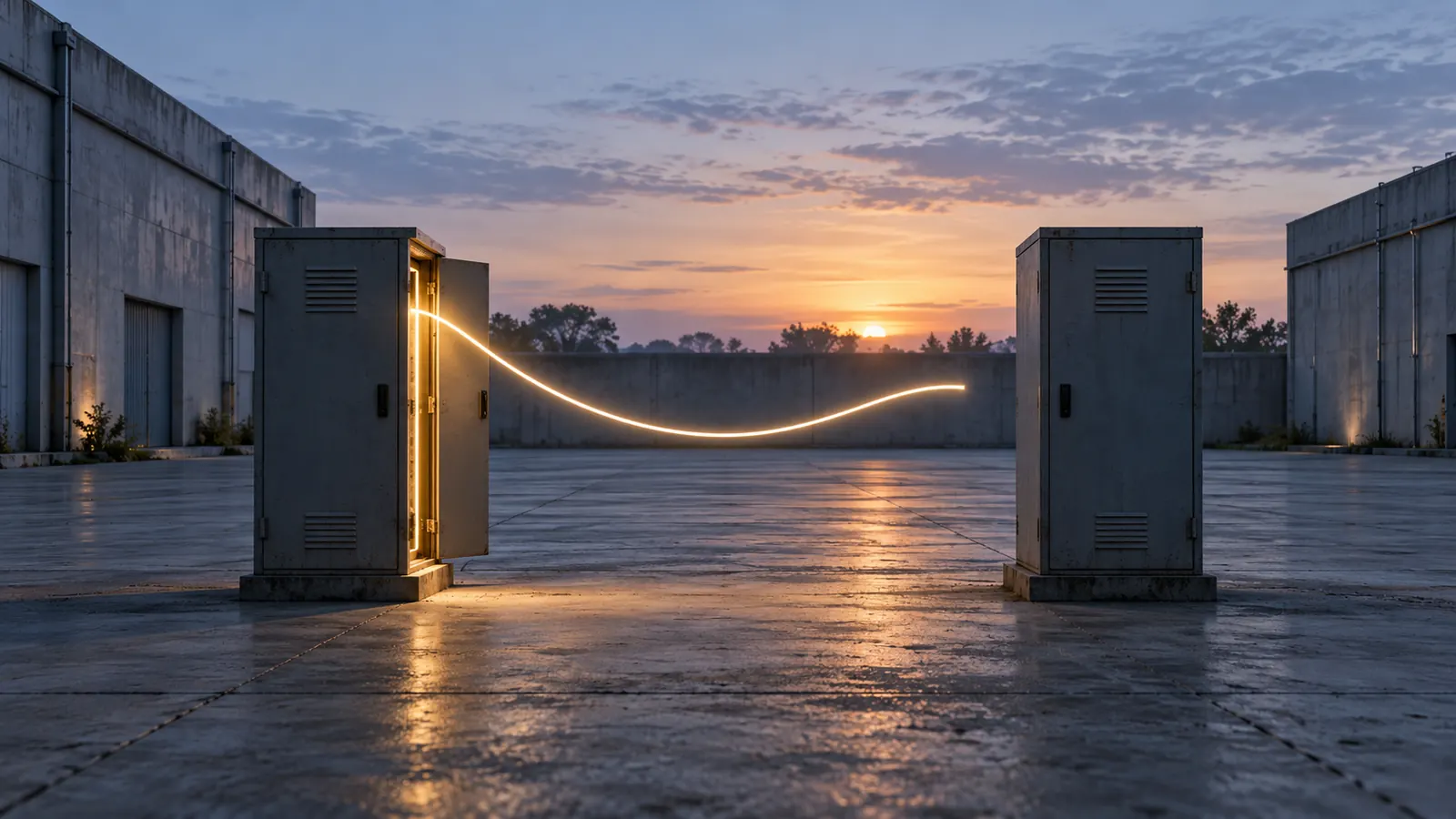 Conceptual AI illustration of two full-sized utility cabinets in an empty courtyard, with a suspended light trace stopping before the second cabinet.