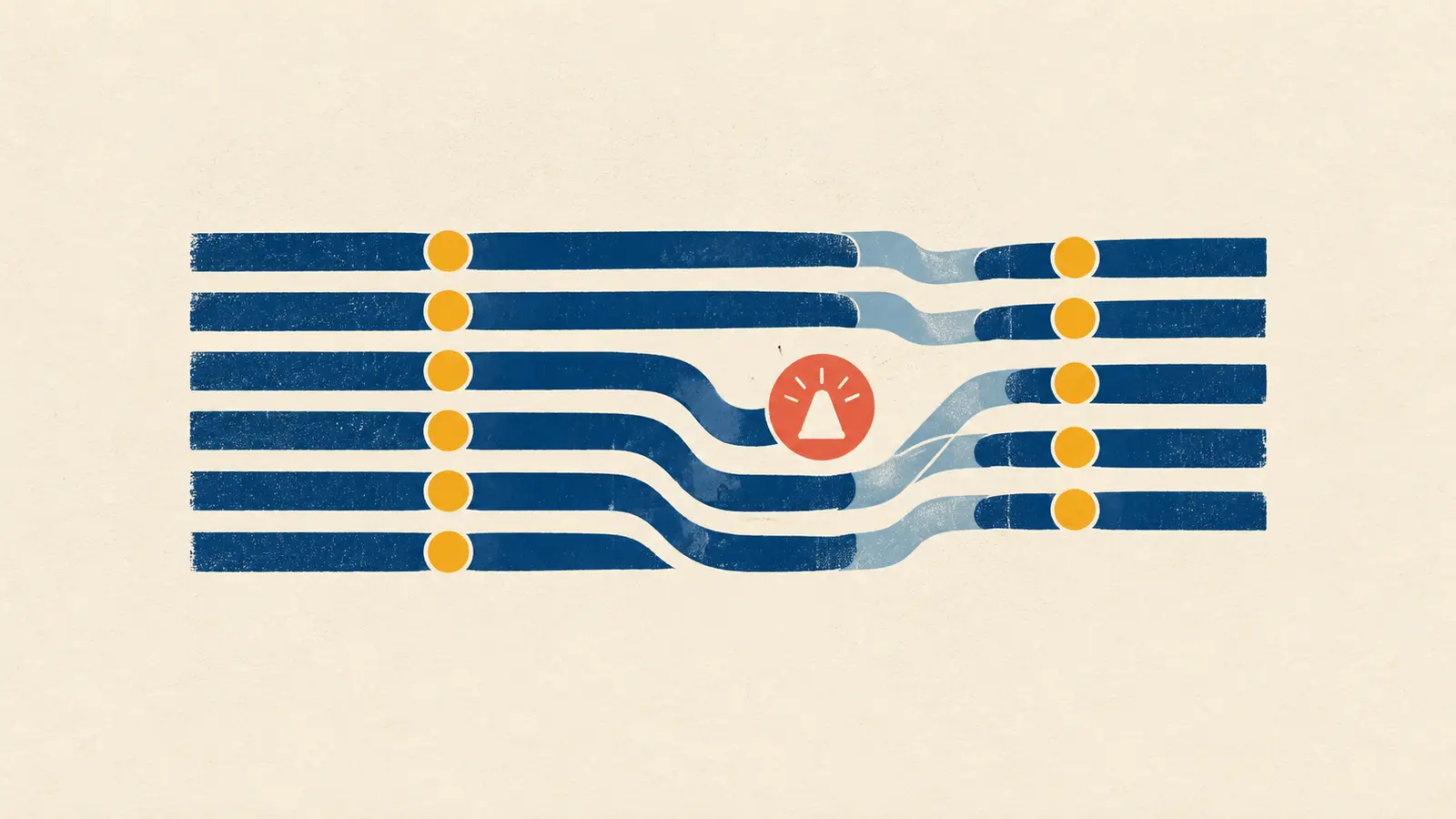 Conceptual AI illustration of six flat work-stream lanes crossing checkpoints, with one lane bending around a coral warning beacon.
