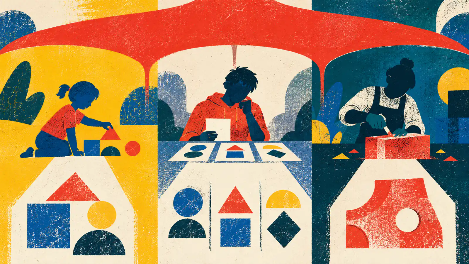 A flat risograph canopy reaches three learning stages while separate cut-out windows reveal different evidence tasks beneath it.