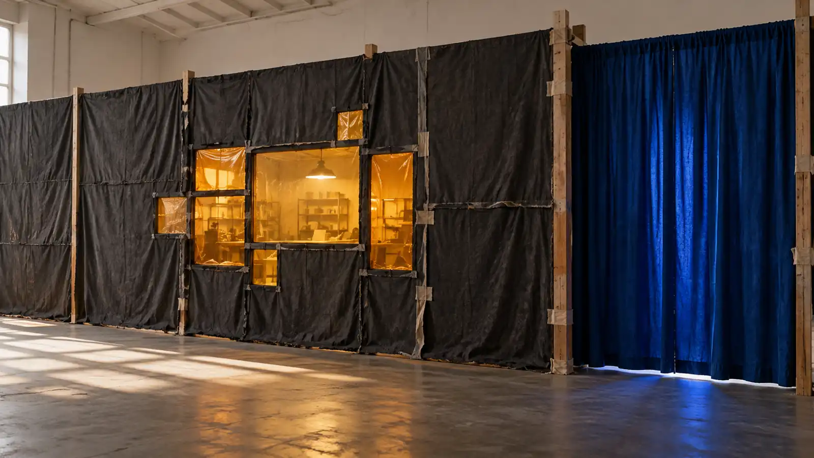 A full-scale conceptual installation shows a long opaque disclosure wall with a small cluster of translucent release windows and a separate unseen testing chamber.