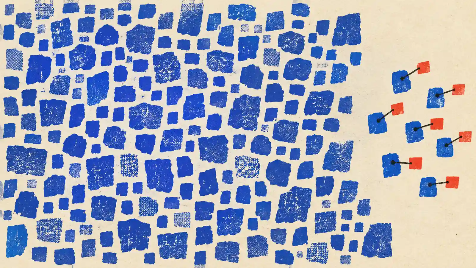 A flat blue field of release tiles contrasts with a small group linked to red evidence tabs.