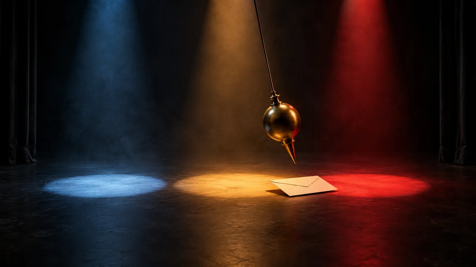Conceptual staged AI illustration: a brass pendulum hangs over blue, amber and red light pools, pointing toward a plain envelope between attention and approval.