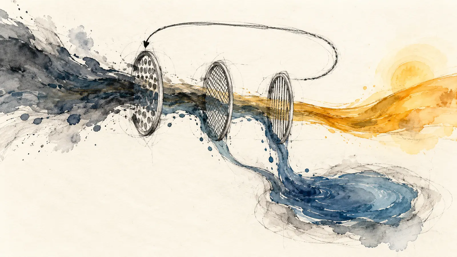Hand-drawn ink channels pass through policy sieves toward a bounded fallback pool and a separate main route.