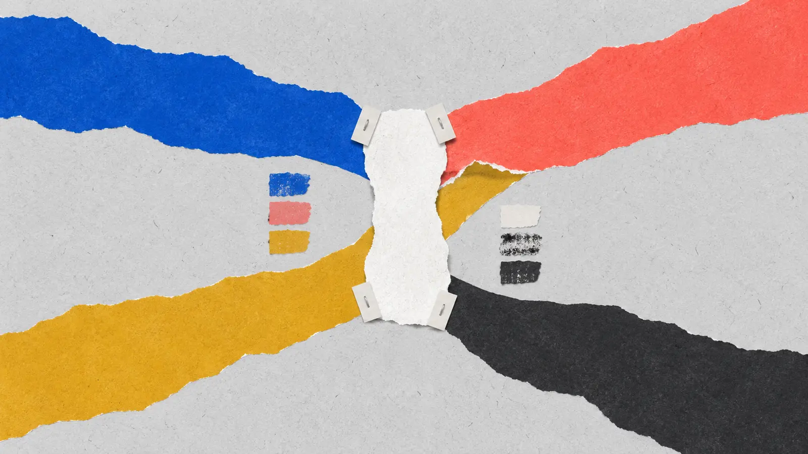 A flat paper collage shows four coloured branches converging at one visibly repaired integration seam.