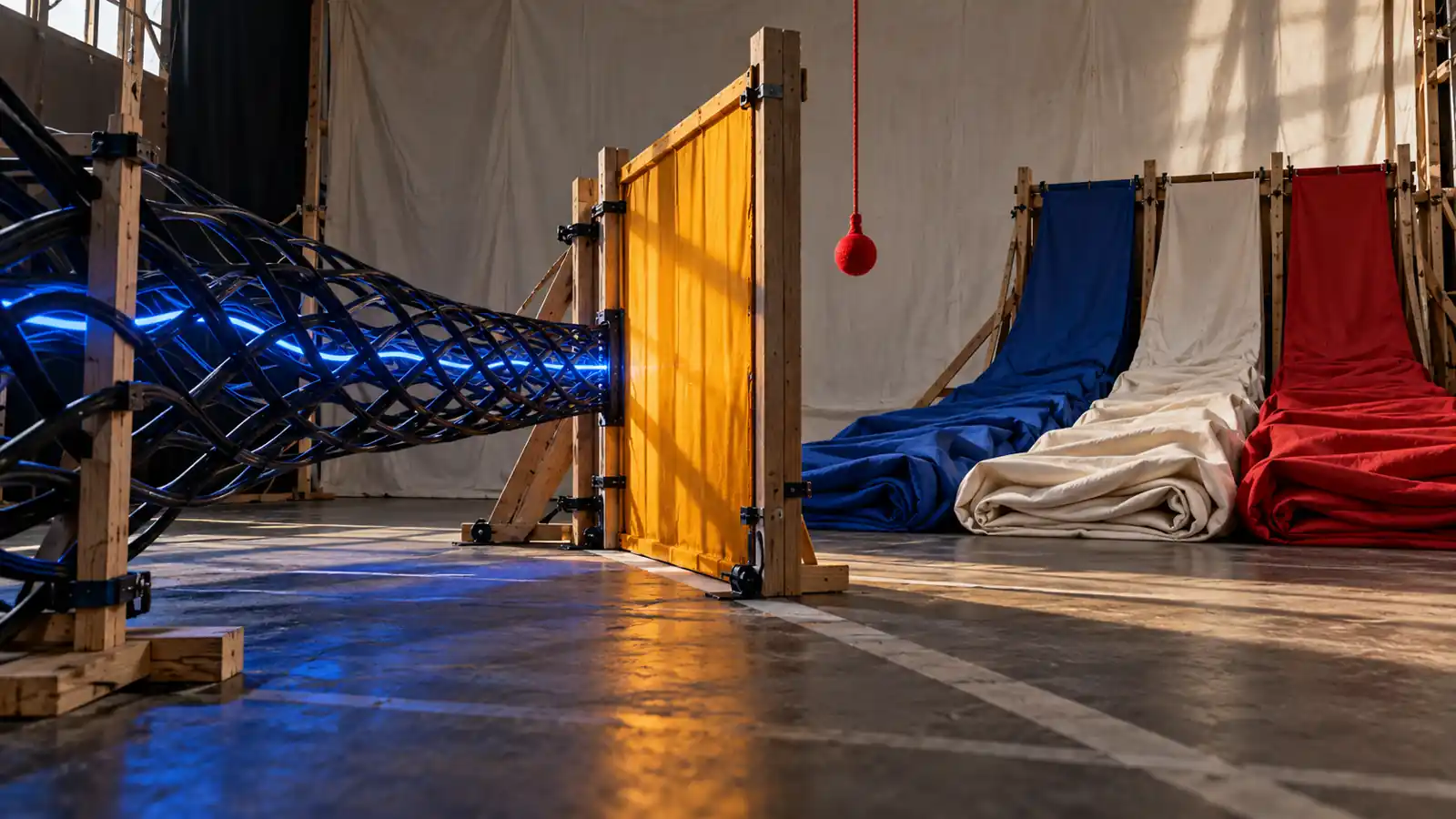 A full-scale cable lattice meets an amber gate before three folded fabric response paths.