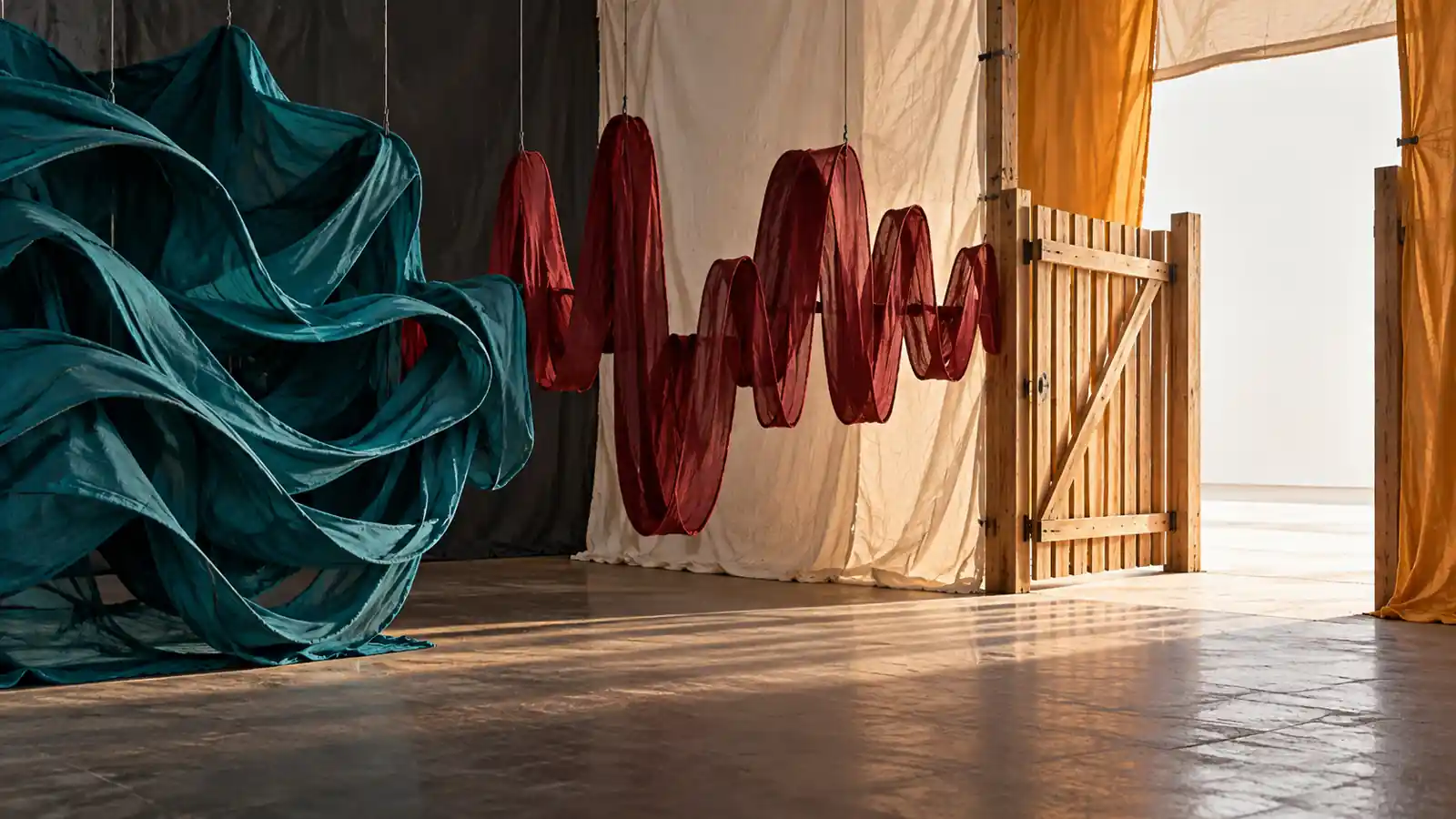Abstract teal folds and a burgundy fabric wave stop at a removable boundary beside an open wooden gate.