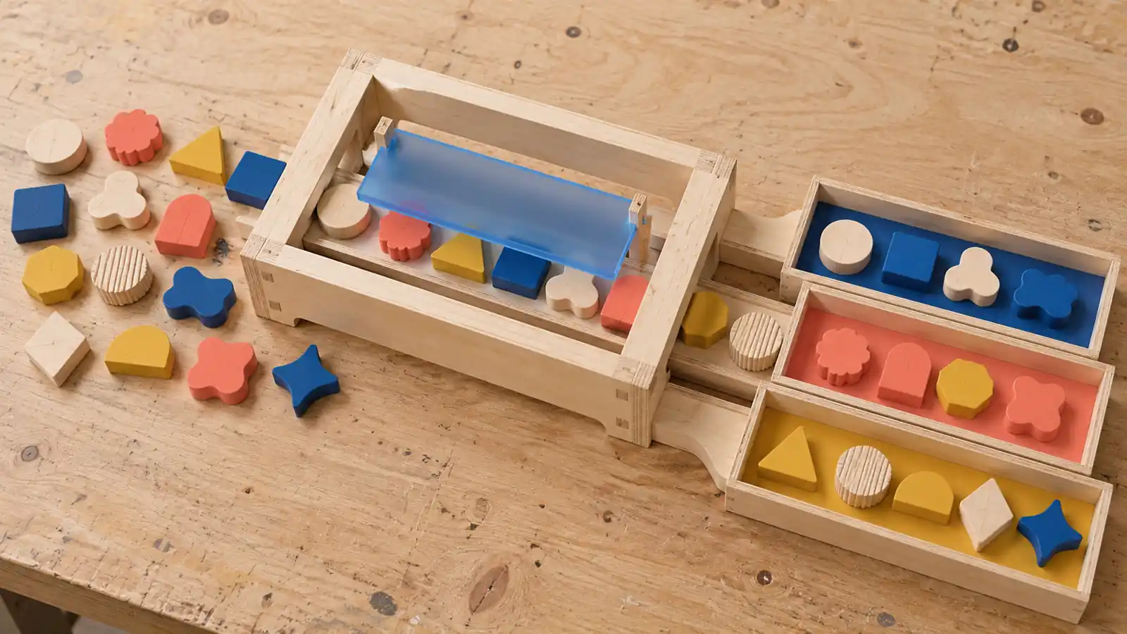 Thirteen wooden tokens pass through a translation frame into evidence trays beneath a blue translucent insert.
