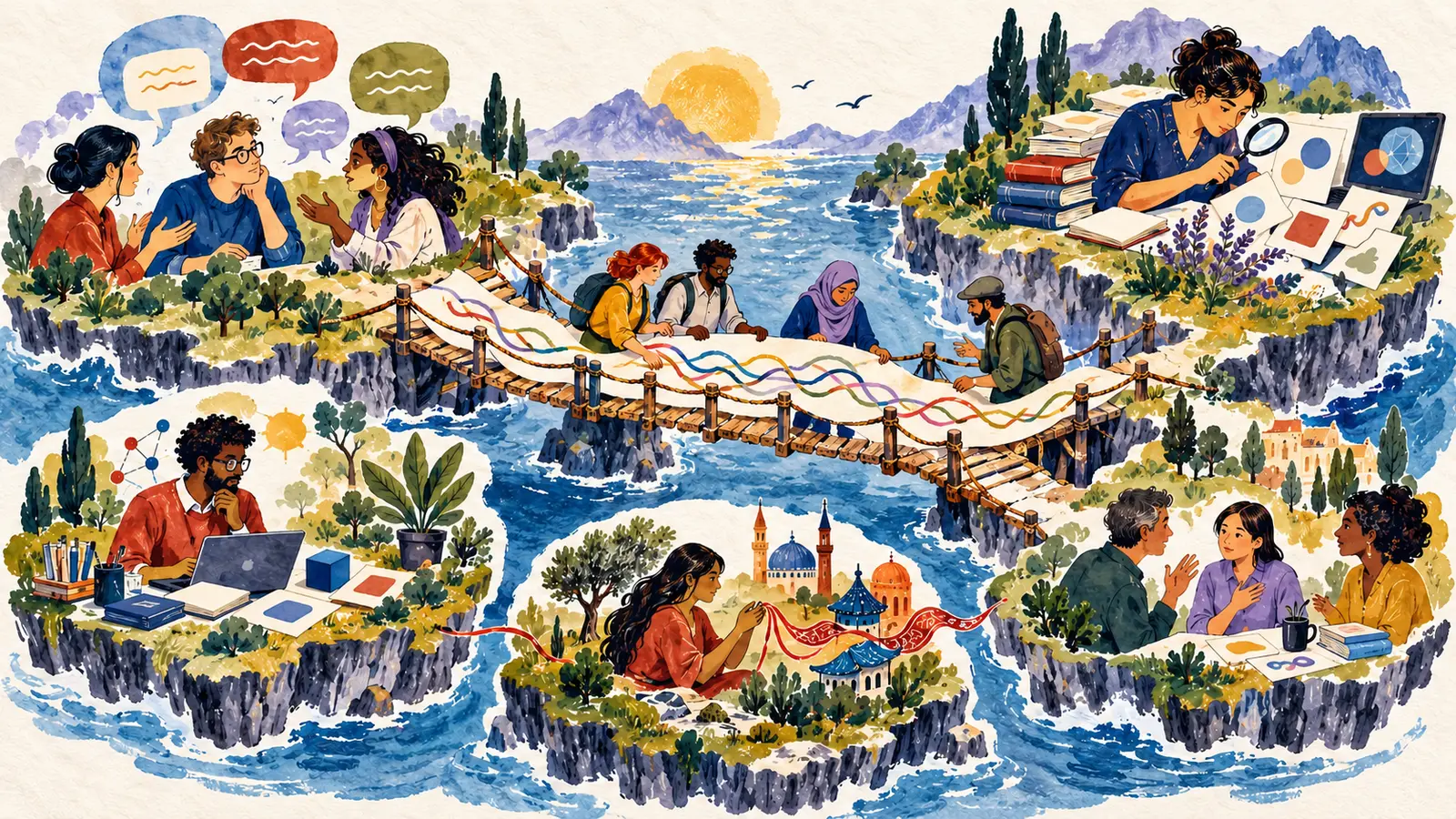 Conceptual hand-drawn AI illustration of five connected competence islands linked by language professionals carrying research and ethics evidence across a bridge.
