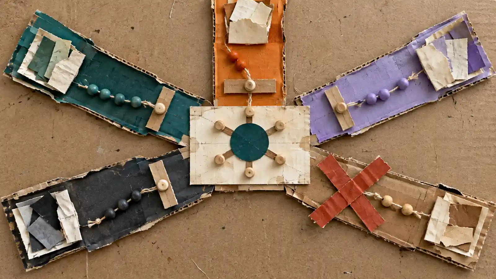 Five rough cardboard lanes with separate stop tabs and bead strings converge on a repaired central oversight board.