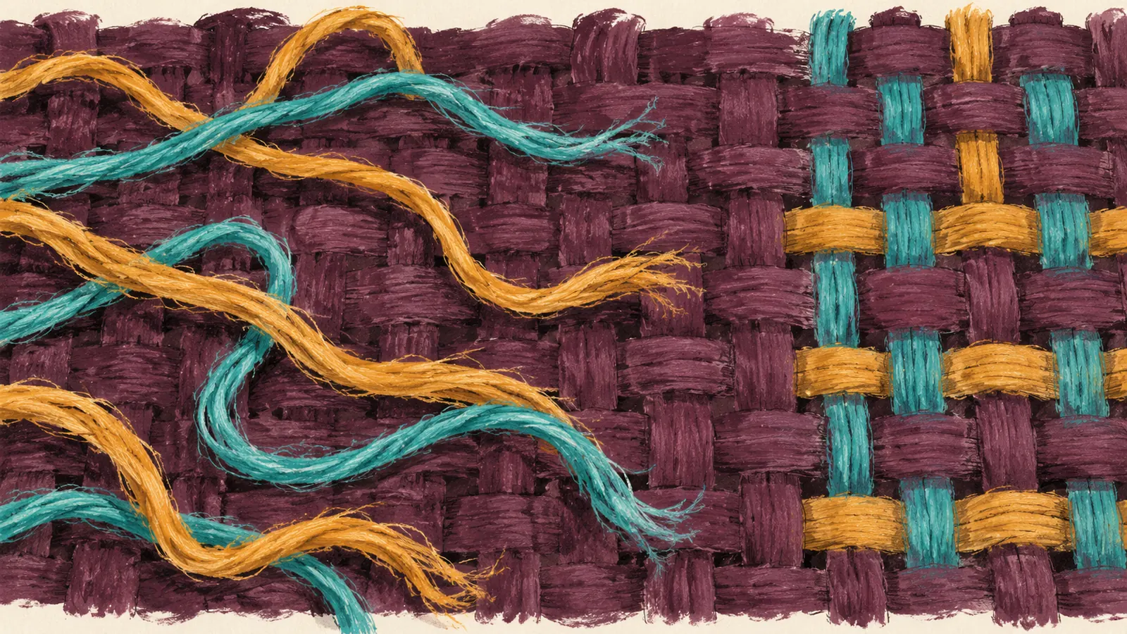 Conceptual AI gouache illustration shows loose coloured fibres lying above a fabric beside fibres woven into it.