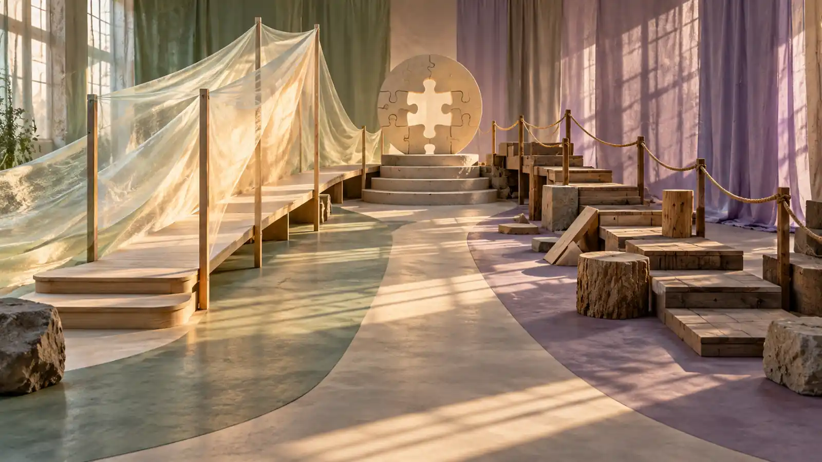 A full-size conceptual learning installation shows an assistance veil ending before a delayed unaided puzzle station beside a rough practice path.
