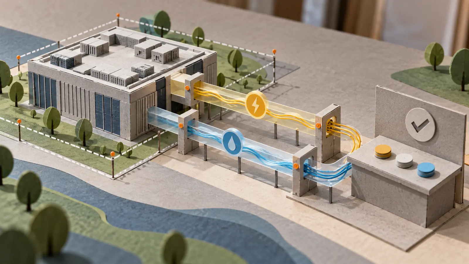 A handcrafted paper maquette shows a generic data centre connected by separate energy and water channels to an independent verification desk.