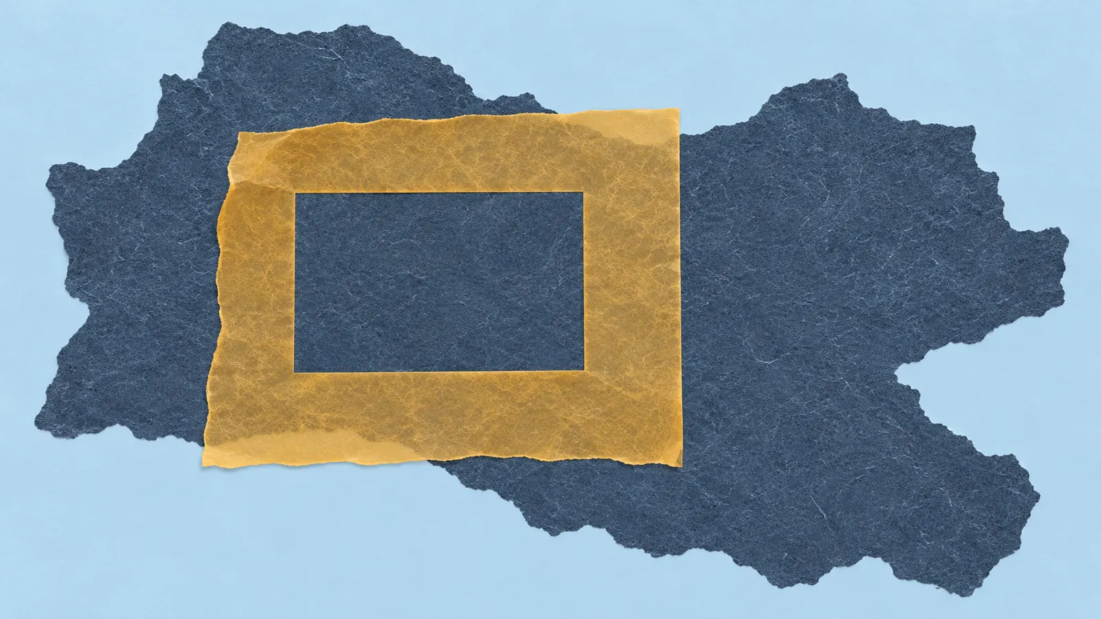 Conceptual AI paper-collage illustration of an amber stencil covering part of a larger irregular blue field, leaving substantial edges uncovered.