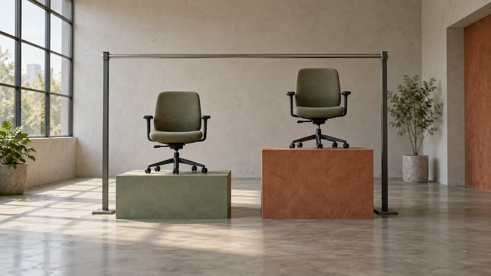 Conceptual AI-generated scene shows two identical adult-sized chairs on unequal risers beneath one shared measuring bar.