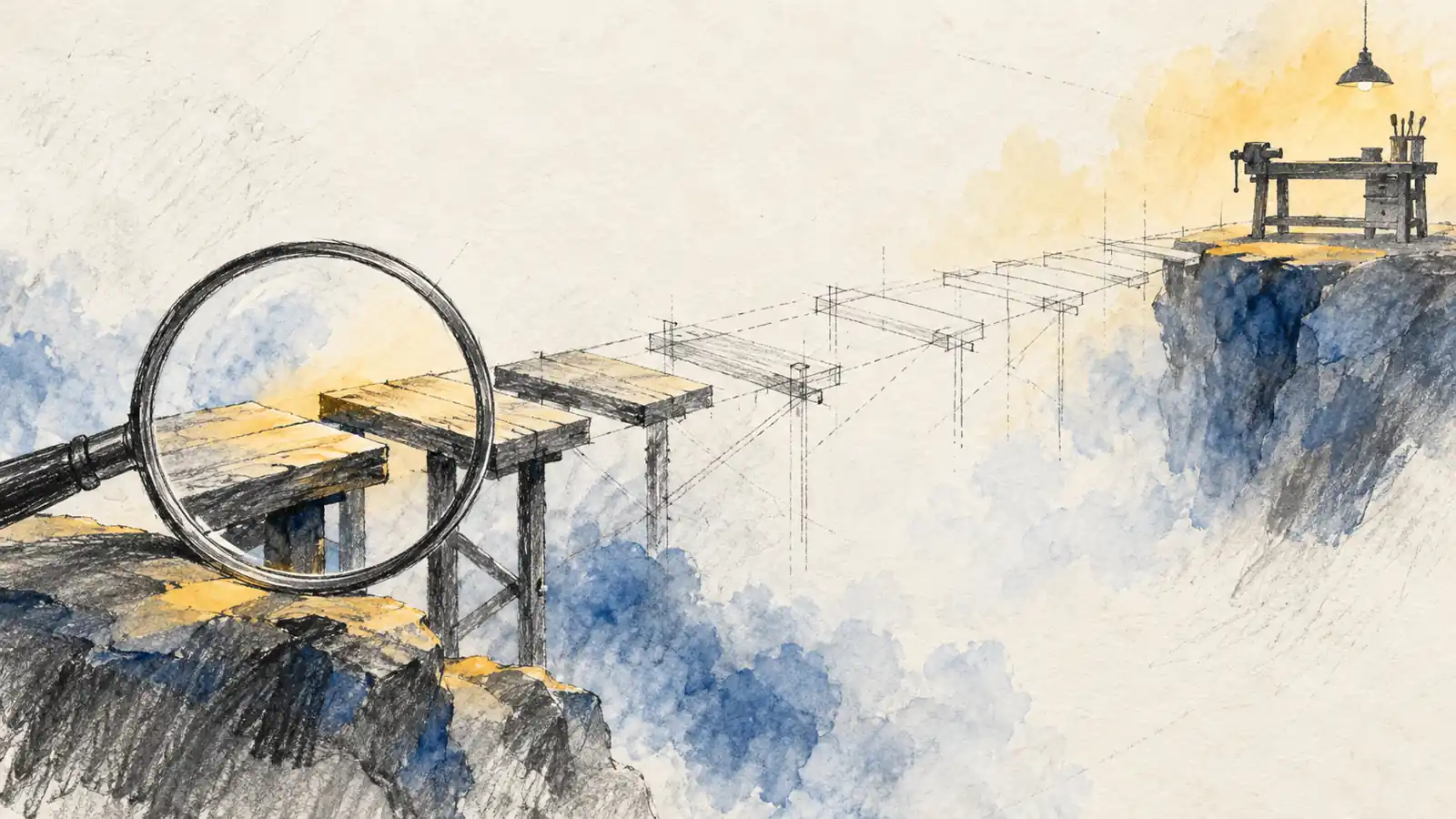 A hand-drawn bridge fades into construction lines while a magnifying frame inspects its first solid steps.