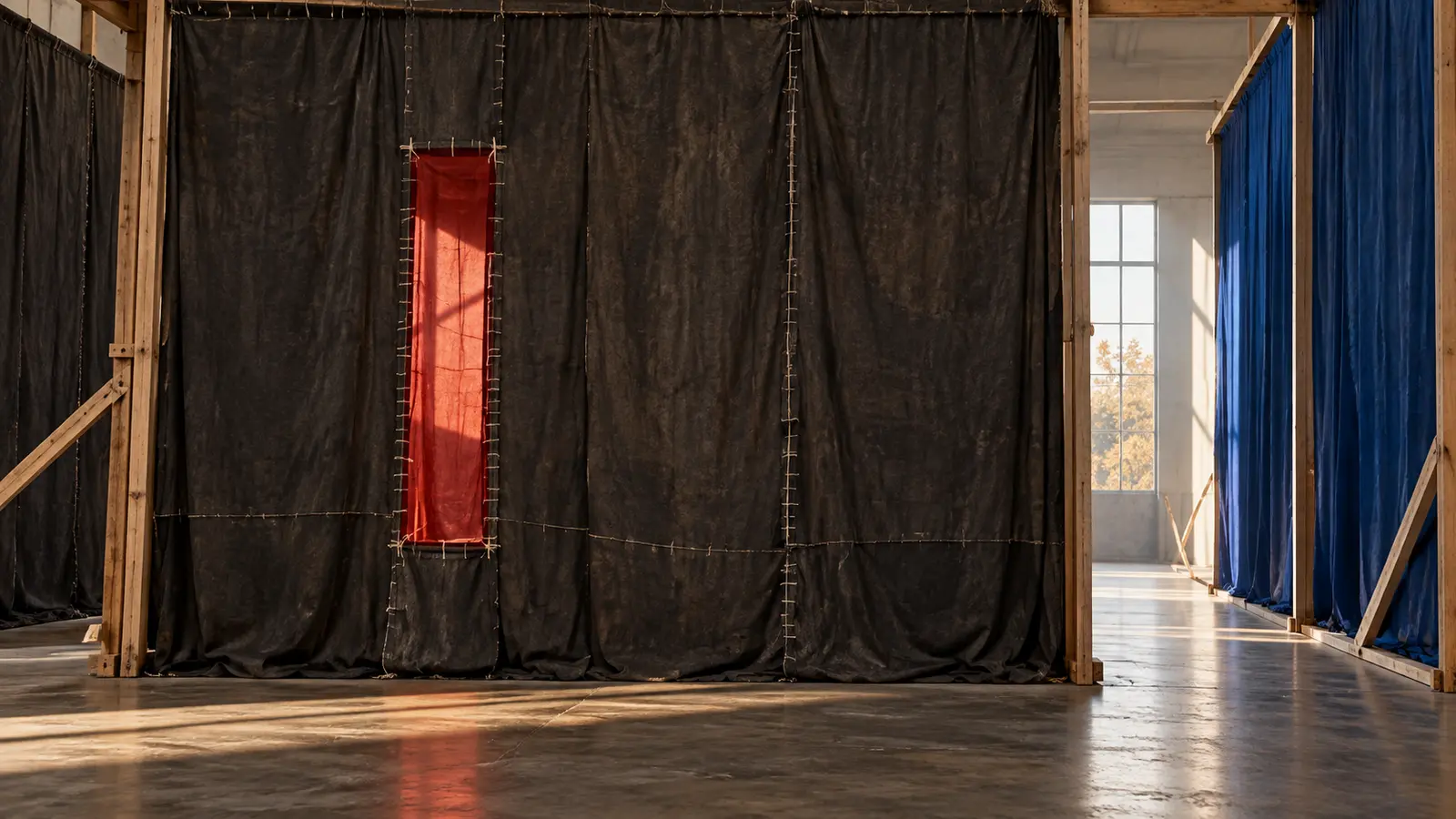 A full-scale evaluation curtain has one pre-cut redaction window and a separate unblocked exit for the evaluator.