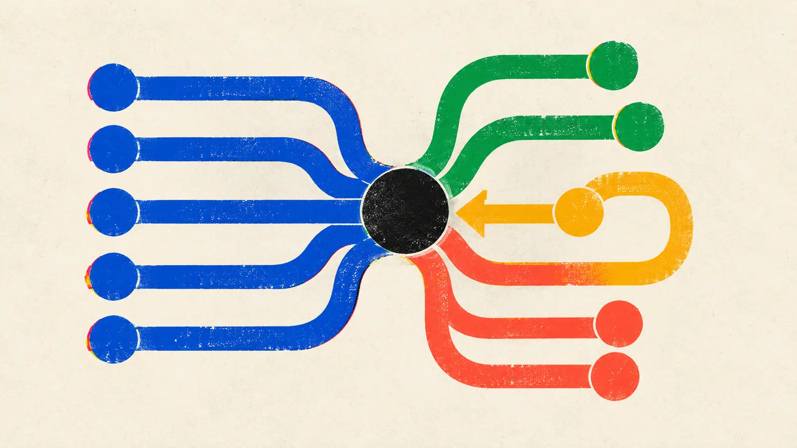 Conceptual flat AI screenprint: five blue paths enter one black review junction, two continue in green, one loops back in amber and two end in coral caps.