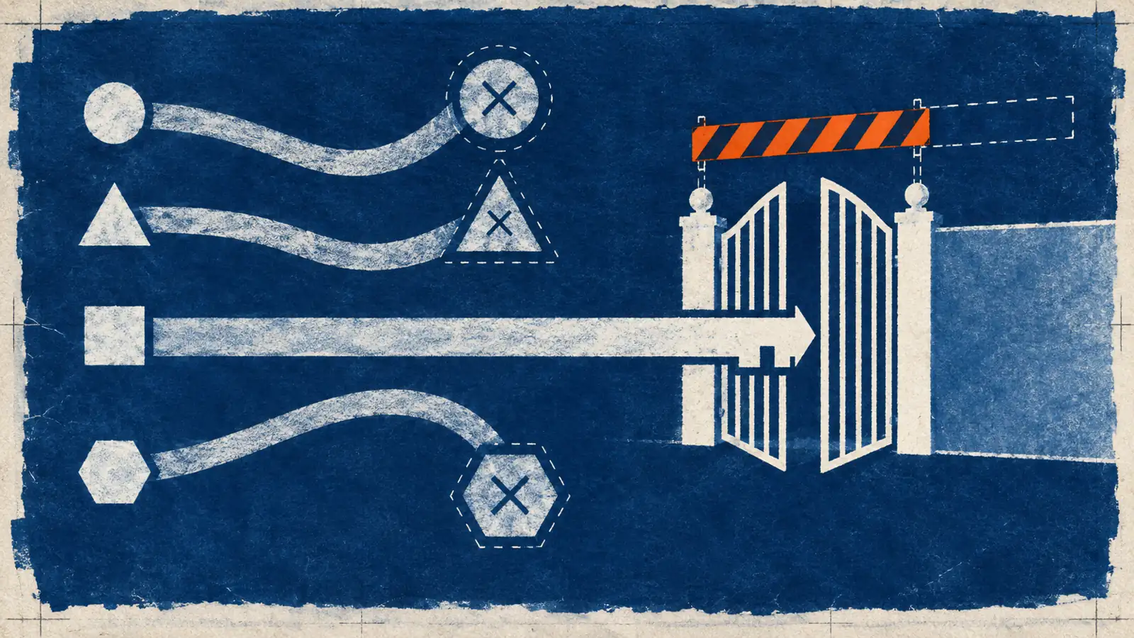 A flat cyanotype shows three diagnostic paths ending at test pads while one white arrow passes a removable orange gate.
