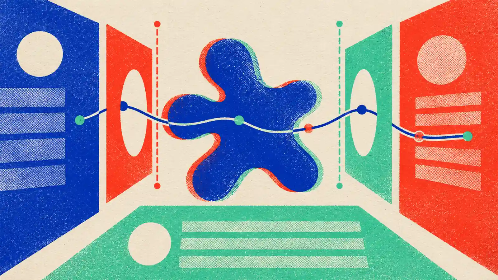 A flat printed agent shape crosses separate permission apertures while a thin trace records each passage.
