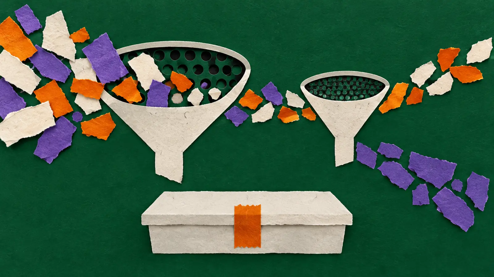 Flat credential-like fragments pass through a two-stage paper filter into a sealed blind replay tray.