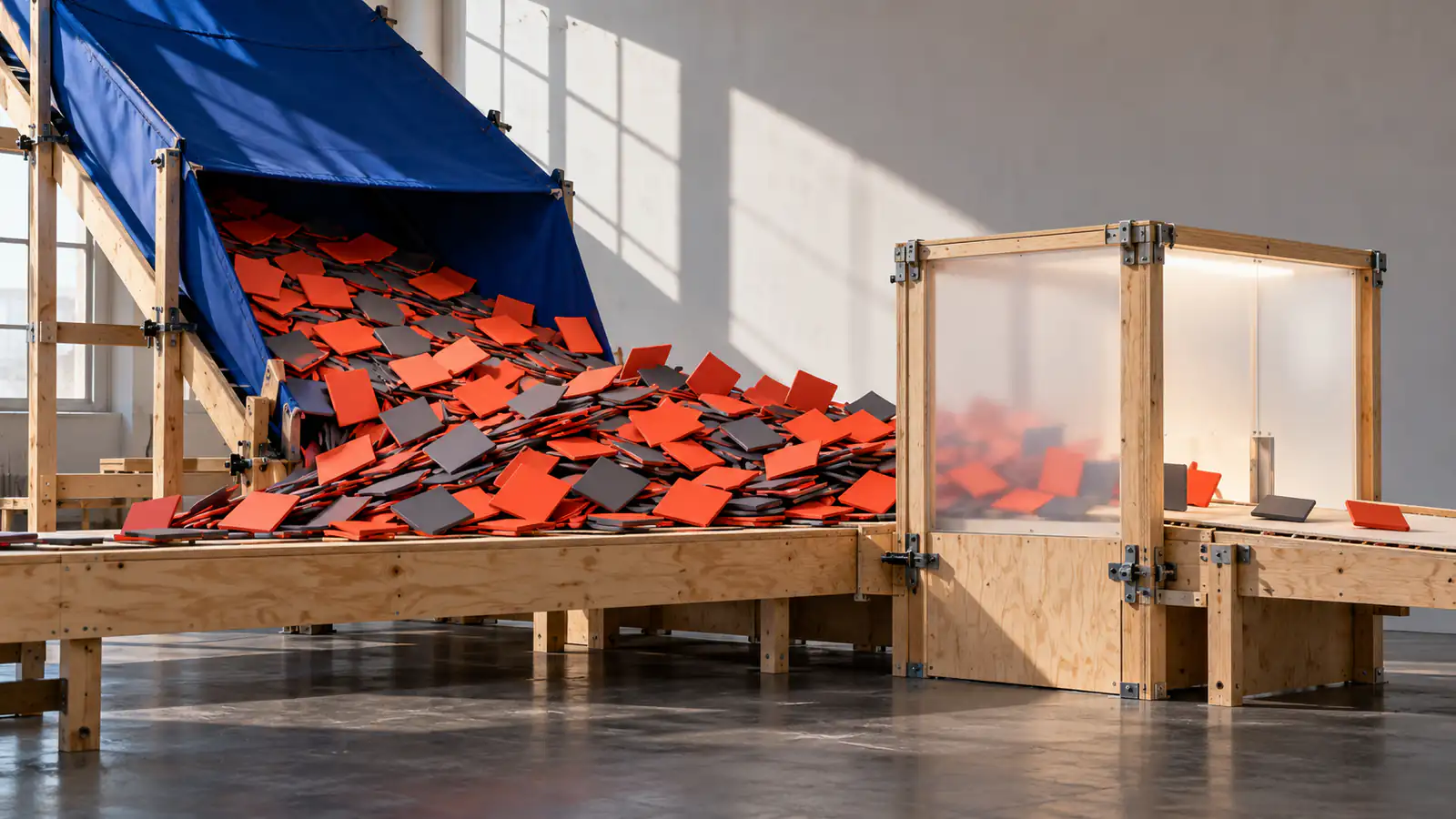 A full-scale conceptual production line releases many blank hypothesis tiles into a pile before only a few pass through a slow validation chamber.