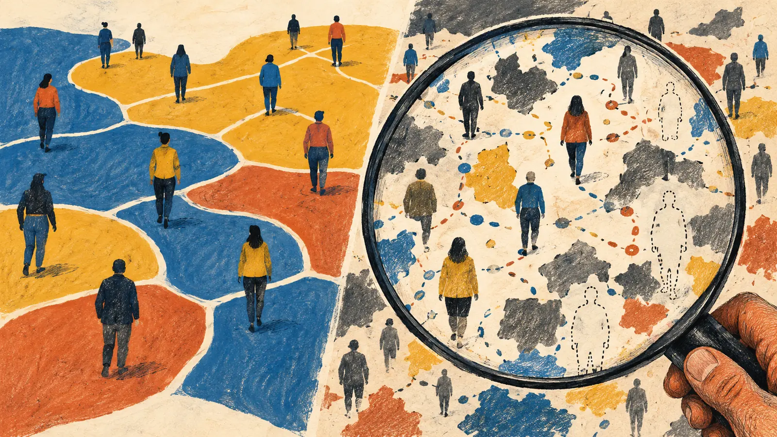 A hand-drawn workforce map looks orderly on one side while a large lens reveals missing task links and incomplete evidence on the other.