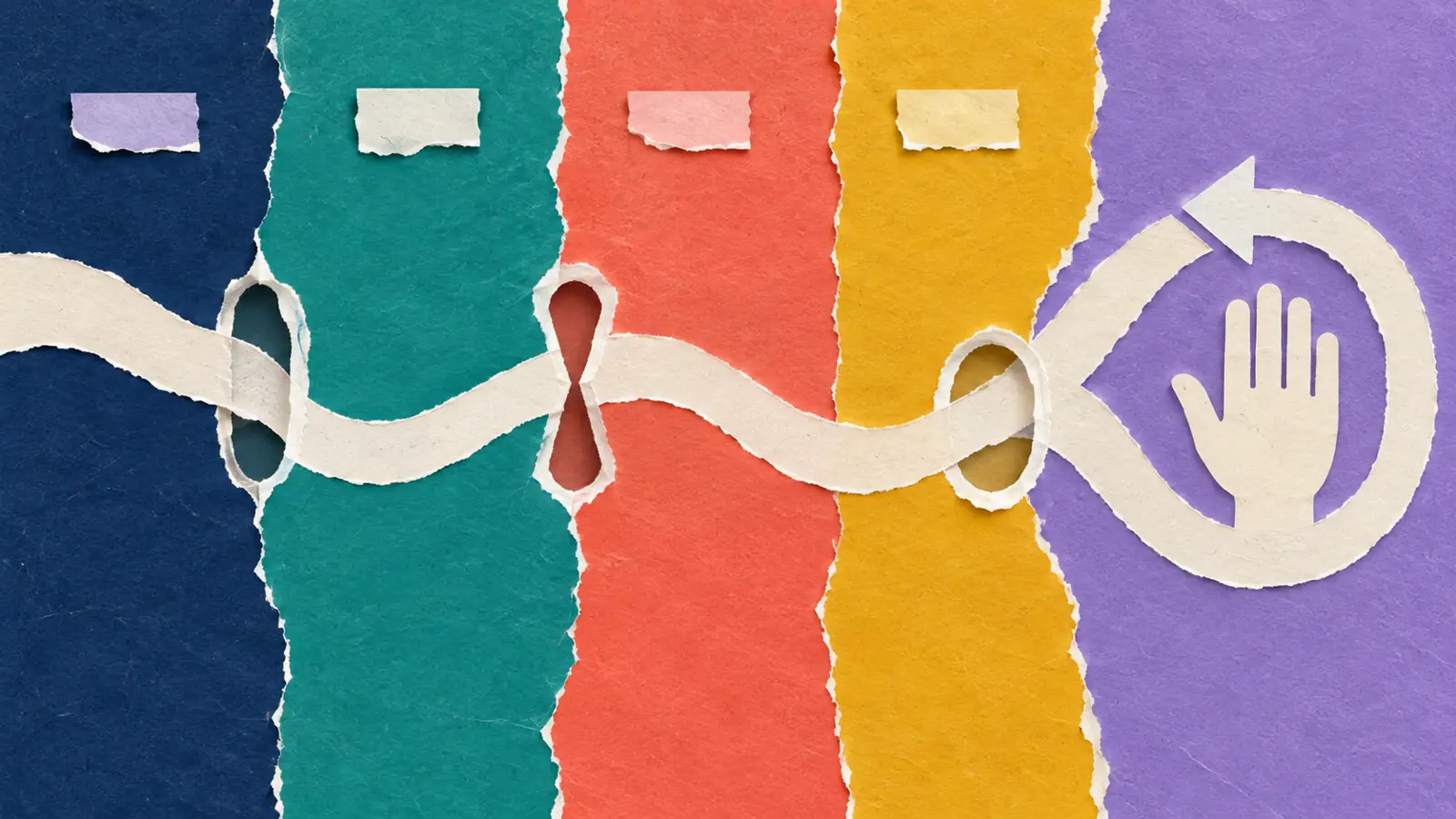 A flat paper-collage agent path crosses distinct data zones through narrow purpose gates and ends at a human reversal loop.