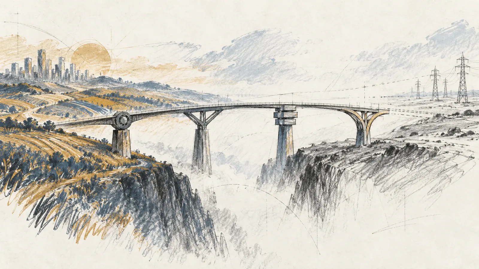 A hand-drawn bridge marked by four structural checkpoints spans between a productivity field and an energy grid.